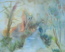 "rivière et forêt dans la brume" aquarelle