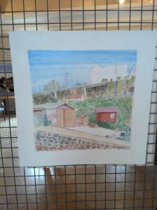 Mon aquarelle "L'été en val d'oise"mélange d'urbain (avec les immeubles et l'autoroute au fond )et de campagne (avec les petits jardins ouvriers)