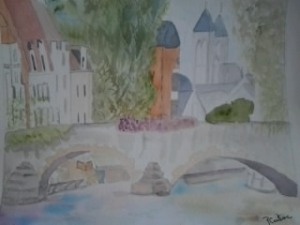 vieux pont sur la rivière aquarelle pascale coutoux