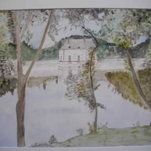 la maison du garde et le barrage au lac des settons aquarelle